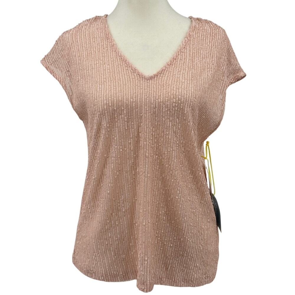 CeCe Sequined Top WMNS XS Blush Pink Cap Sleeve V-Neck Lined Semi Sheer Textured